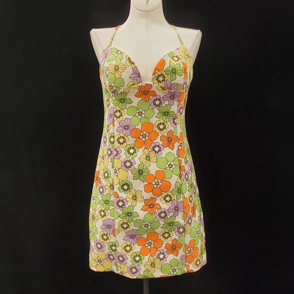 Zara Womens 70S Floral Mini Babydoll Dress Size M Sleeveless Fitted Multicolor